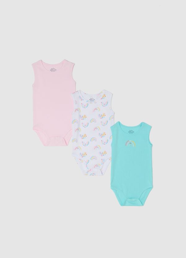 Ovs Tripack body smanicati in cotone bio con stampa rosa verde