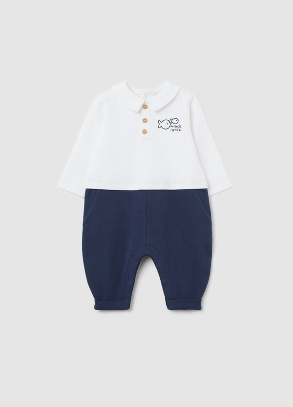 Ovs Tutina in cotone bicolore con ricamo pesciolini blu