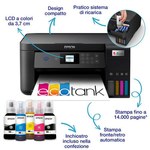 Trony EPSON - EcoTank ET-2850 Stampante Multifunzione 3-in-1 A4 Serbatoi Ricaricabili Alta Capacità Include 5 Flaconi Di Inchiostro