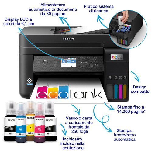 Trony EPSON - EcoTank ET-3850 Stampante Multifunzione 3-in-1 A4 Serbatoi Ricaricabili Alta Capacità Include 5 Flaconi Di Inchiostro