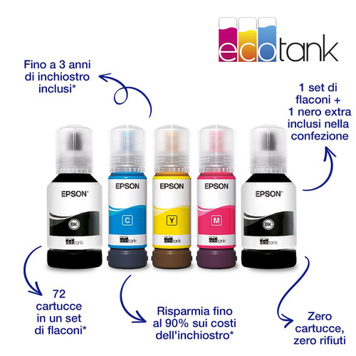Trony EPSON - EcoTank ET-3850 Stampante Multifunzione 3-in-1 A4 Serbatoi Ricaricabili Alta Capacità Include 5 Flaconi Di Inchiostro