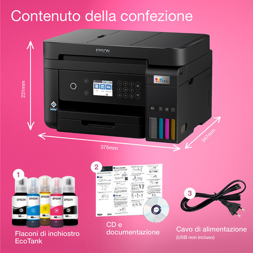 Trony EPSON - EcoTank ET-3850 Stampante Multifunzione 3-in-1 A4 Serbatoi Ricaricabili Alta Capacità Include 5 Flaconi Di Inchiostro