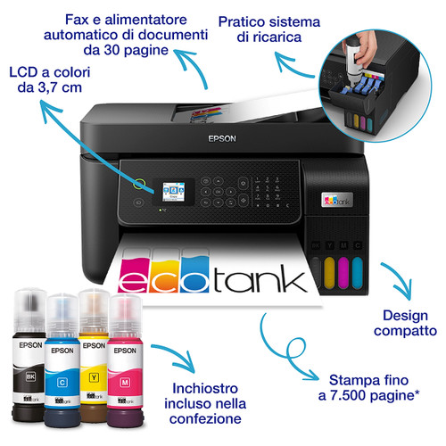 Trony EPSON - EcoTank ET-4800 Stampante Multifunzione 4-in-1 A4 Serbatoi Ricaricabili Alta Capacità Include 4 Flaconi Di Inchiostro