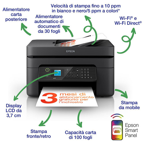 Trony EPSON - Epson WorkForce WF-2930DWF - Stampante Multifunzione Inkjet (ADF) - Wireless Display LCD USB Stampa Da Mobile