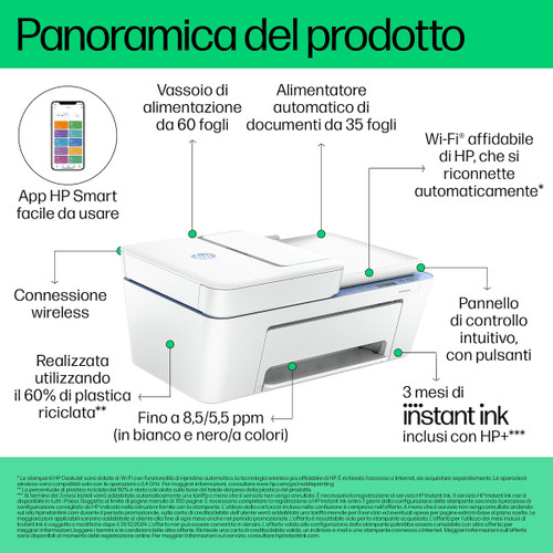 Trony HP - HP DESKJET 4222E Stampante All-in-one Inkjet A Colori Copia Scansione Wifi - 3 Mesi Di Instant Ink Inclusi Con HP+