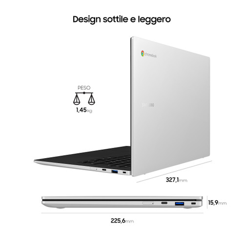 Trony SAMSUNG - Design Ultrasottile E Scocca Argentata Galaxy Chromebook Go è Lo Strumento Ideale Per Gli Studenti Sempre In Movimento