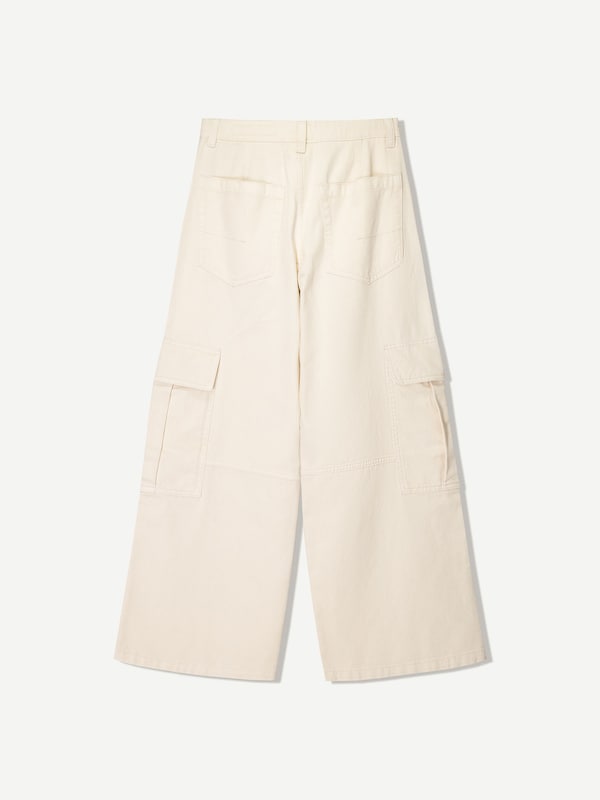 Bershka Wide Leg Pantaloni Cargo In Écru