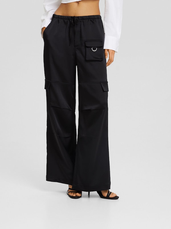 Bershka Wide Leg Pantaloni Cargo In Nero