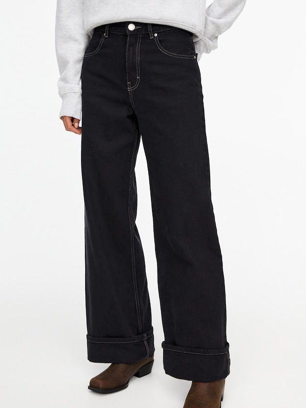 Pull&Bear Wide Leg Jeans In Nero Denim