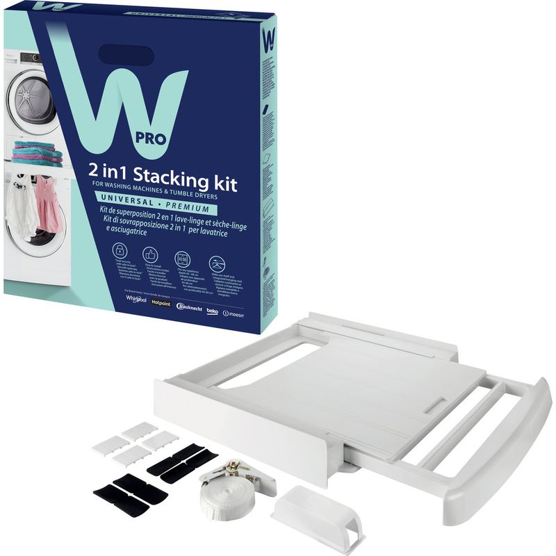 Whirlpool Kit di sovrapposizione 2 in 1 per lavatrice e asciugatrice con ripiano estraibile e stendibiancheria integrato