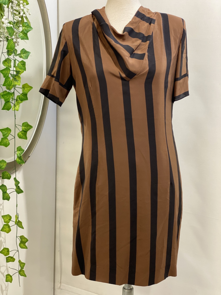 Mercatopoli Abito Sartoriale Pura Seta Rigato Marrone Nero Donna Tg 44