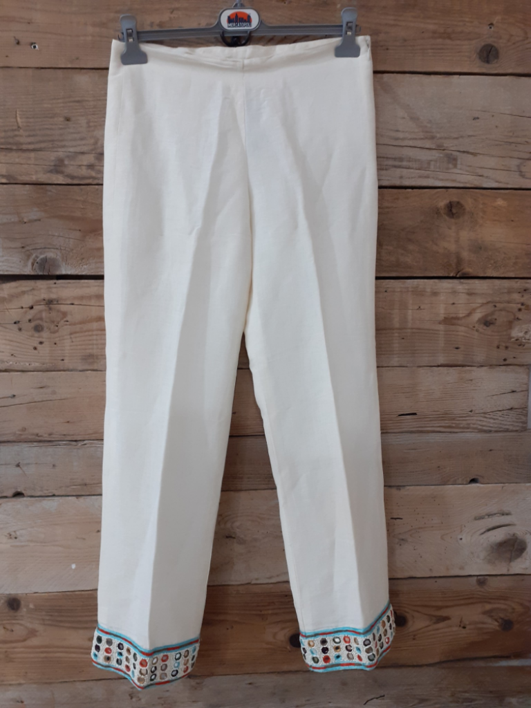 Mercatopoli Blunauta Pantalone In Lino Beige Orlo Perlinbe Tg 36