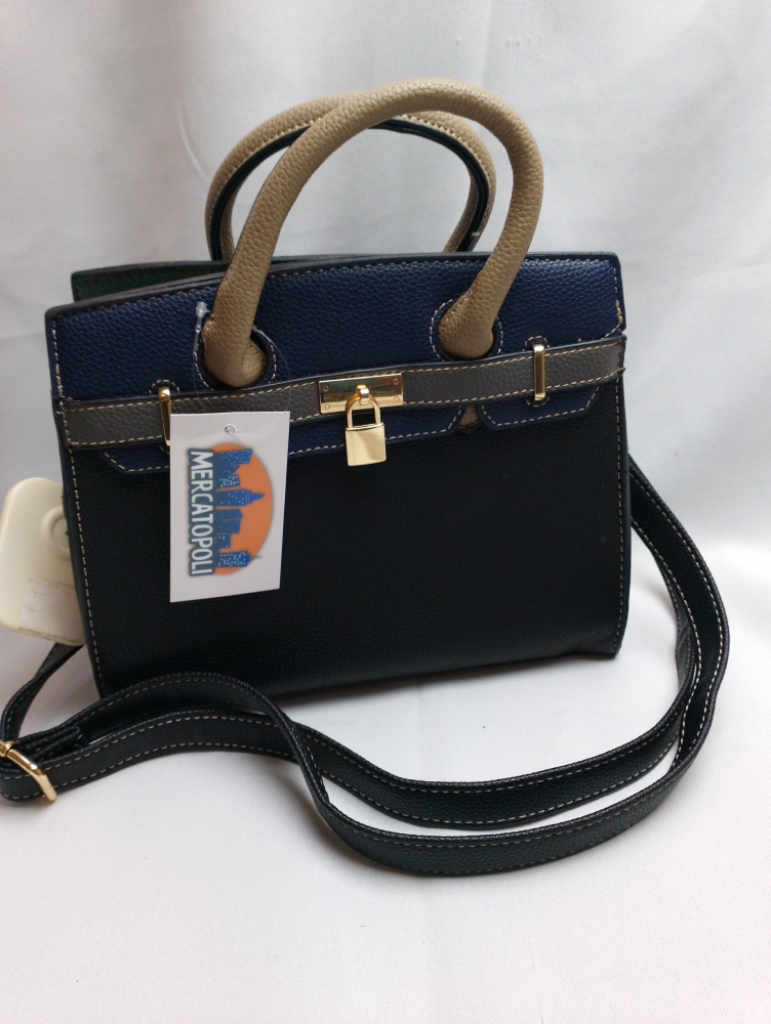 Mercatopoli Borsa Due Manici Ecopelle Nera Con Tracolla Rifiniture Blu E Verdi