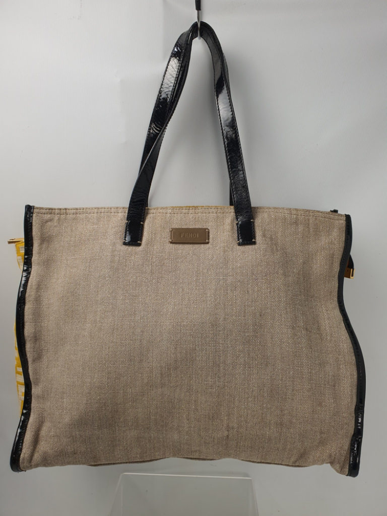 Mercatopoli Borsa Shopper Fendi Lino Color Corda /giallo Tela Monogram Bordi Vernice Nera Imperfezioni