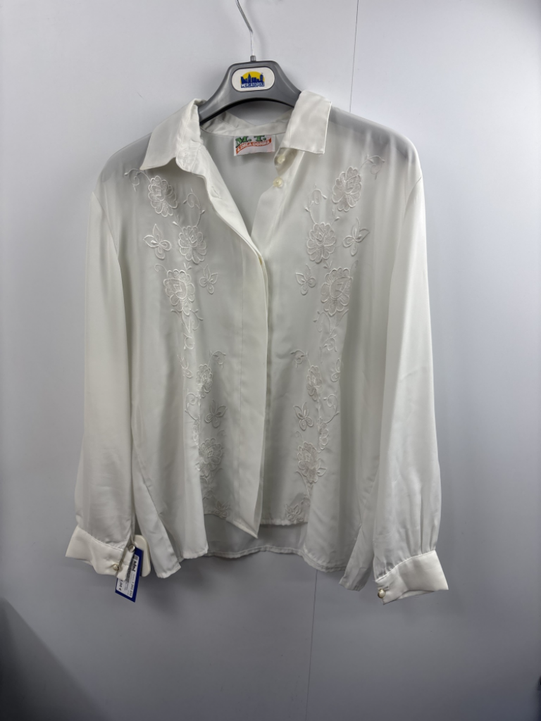 Mercatopoli Camicia Bianca Vintage Donna Poliestere Setificato Tg L Con Fiori Ricamati