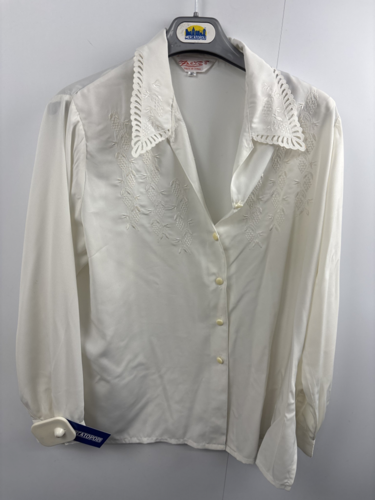 Mercatopoli Camicia Bianca Vintage Donna Poliestere Setificato Ricamato Tg L