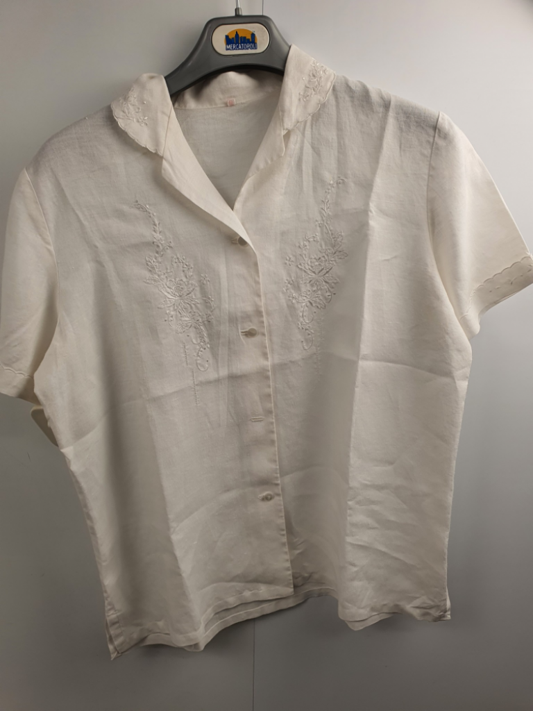 Mercatopoli Camicia Donna Bianca Lino Mezza Manica Tg M Ricamata A Mano