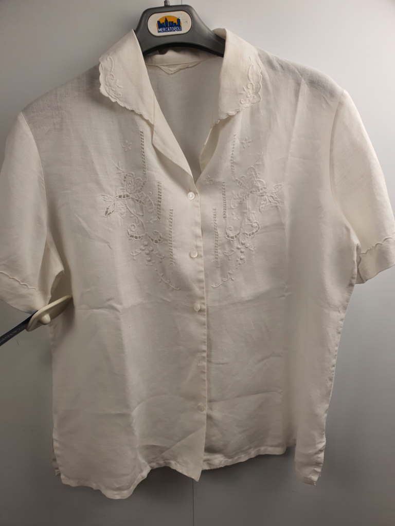 Mercatopoli Camicia Donna Bianca Lino Mezza Manica Tg M Ricamata A Mano