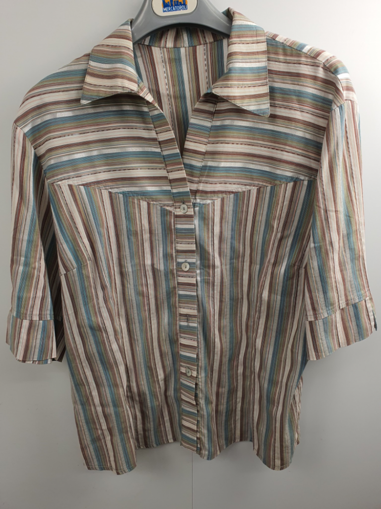 Mercatopoli Camicia Donna Mezza Manica 97% Cotone Righe Verde/cacao/ Argento Tg M