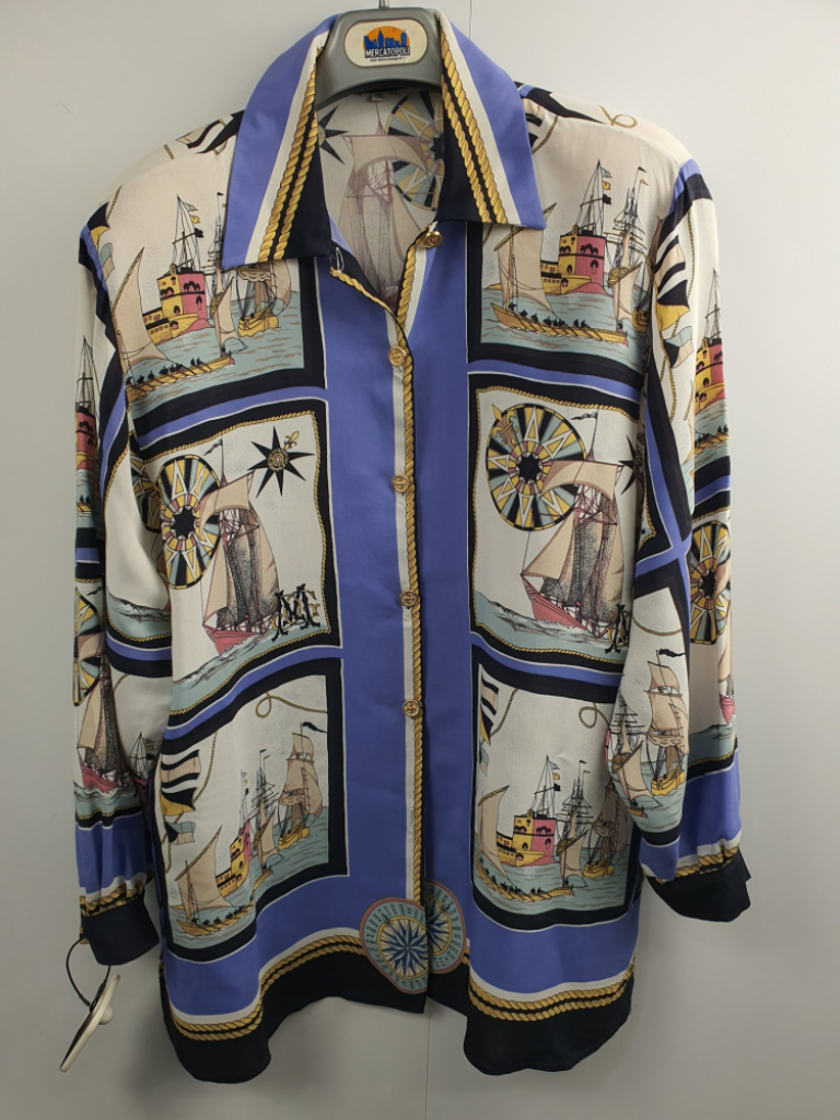 Mercatopoli Camicia Donna Vintage Viscosa Fantasia Marittima Tg 50 Con Spalline Imbottite