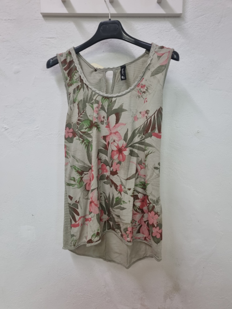 Mercatopoli Canotta Capirinha Grigia Fantasia Fiori Rosa Tg L