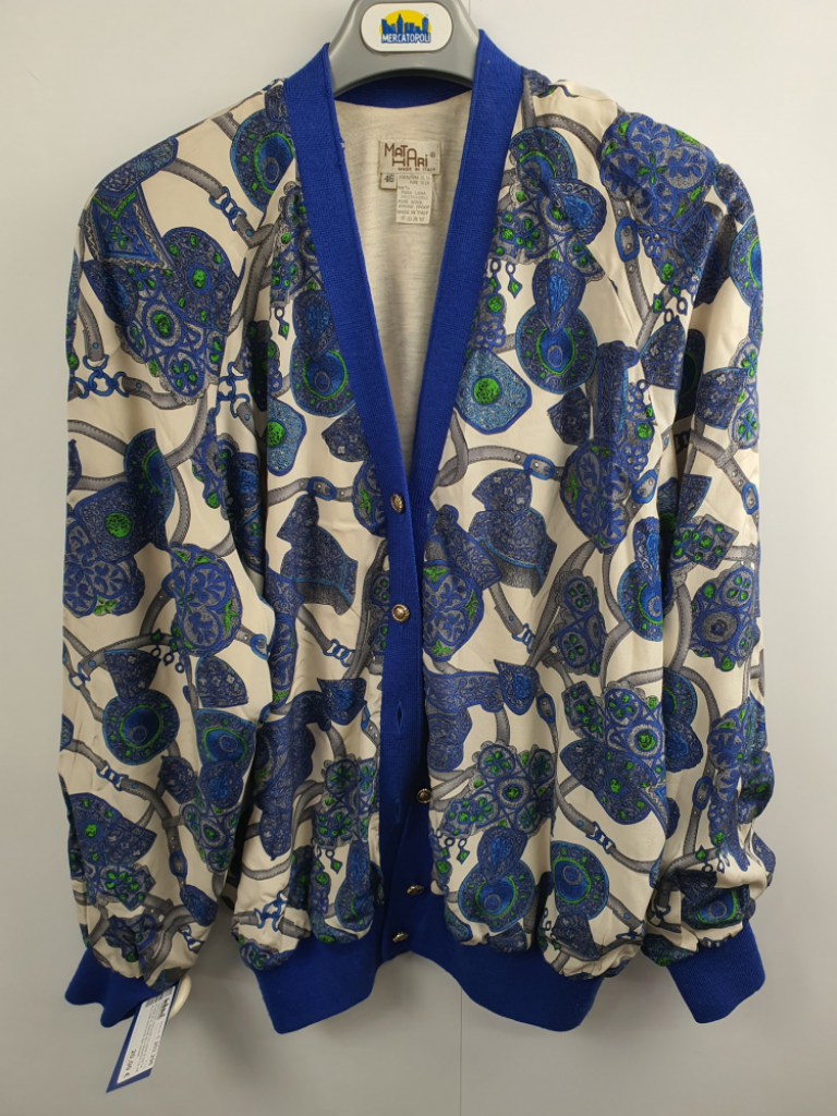 Mercatopoli Cardigan Vintage In Lana E Seta Stampata Verde Blu Bianco Tg 46 Alcune Macchie Matahari