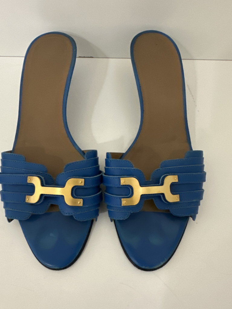 Mercatopoli CIABATTINA SABOT HERMES "AMICA" PELLE AGNELLO BLU CELESTE CON PLACCA METALLO N 38.5