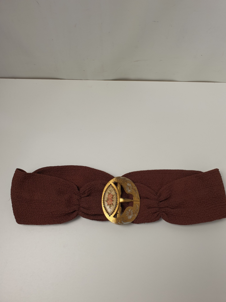Mercatopoli Cintura Tessuto Marrone Fibia Vintage Ottone Inciso E Dipinto