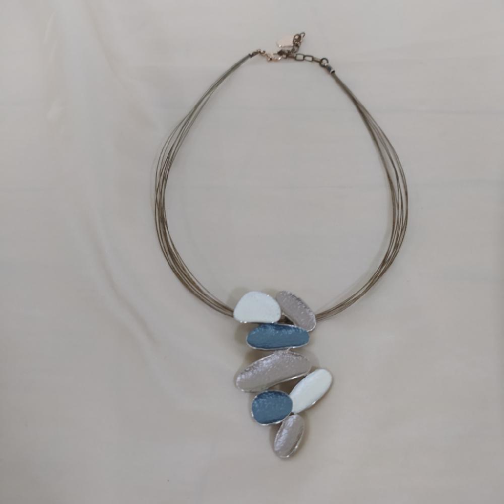 Mercatopoli Collier Filo Rigido Silver + Ciondolo Azzurro/Grigio/Bianco