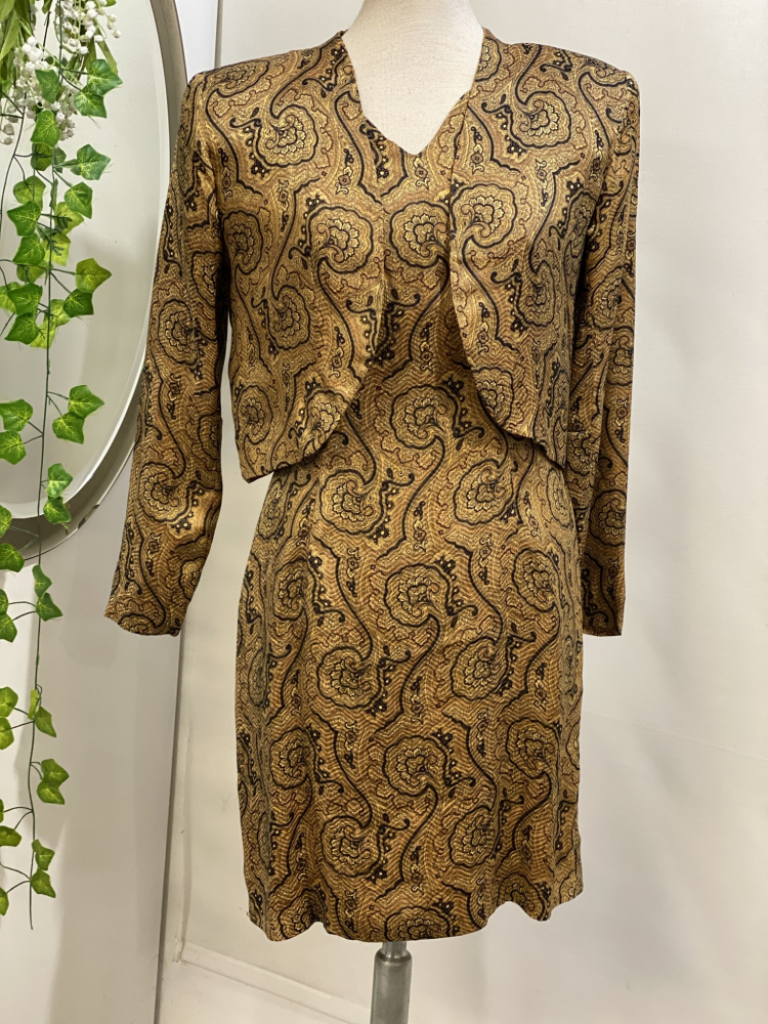 Mercatopoli Completo Sartoriale Fantasia Dorata Nera In Pura Seta Abito Con Giacca Donna Tg 44