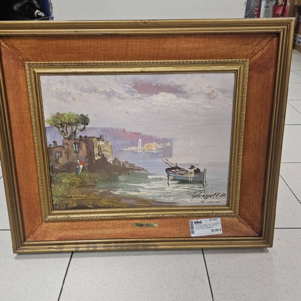 Mercatopoli Dipinto G. Cappelletti Paesaggio Lagunare Con Barca Cornice Legno Dorata 58x48cm