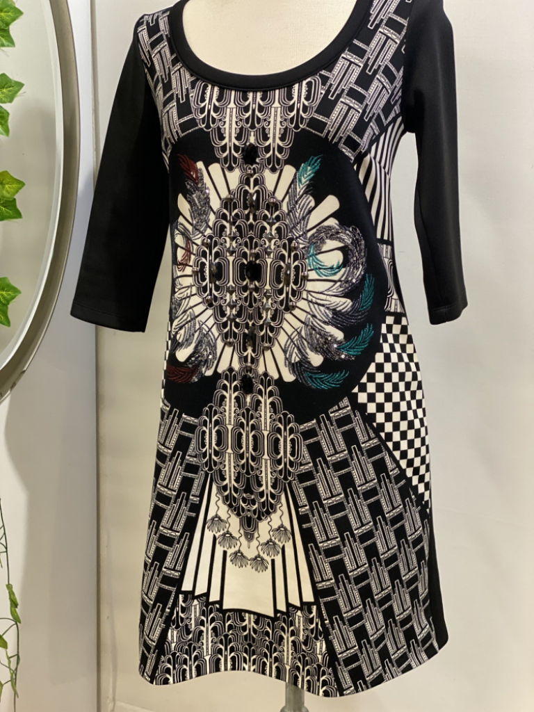 Mercatopoli DPJ By DIDIER PARAKIAN Abito Nero Con Fantasia Bianca Turchese E Applicazioni Donna Tg 44