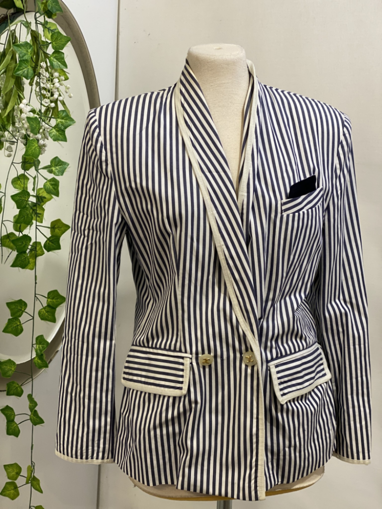 Mercatopoli Giacca Sartoriale Gessata Bianca Blu Doppio Petto Donna Tg 44