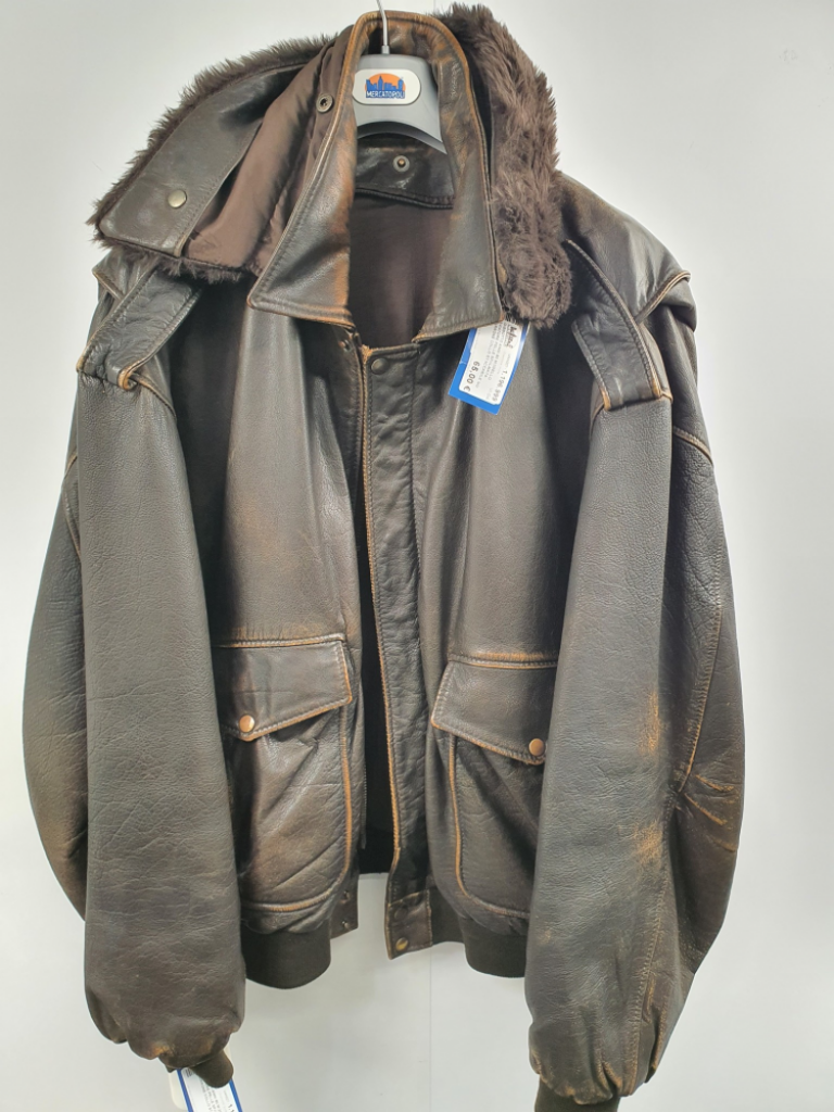 Mercatopoli Gibbotto Anni 80 Modello Aviatore Pelle Spalmata Marrone Collo Staccabile No Gilet Tg 50