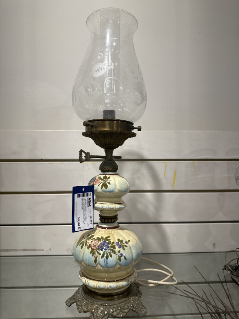 Mercatopoli Lampada A Olio Elettrica Vintage Con Ceramica Gialla Decoro Fiori