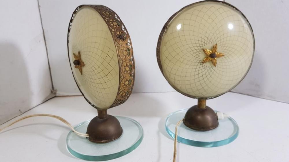 Mercatopoli Lampada Abat Jour Vintage Anni '50 Vetro Decorato E Metallo Brunito 19cm