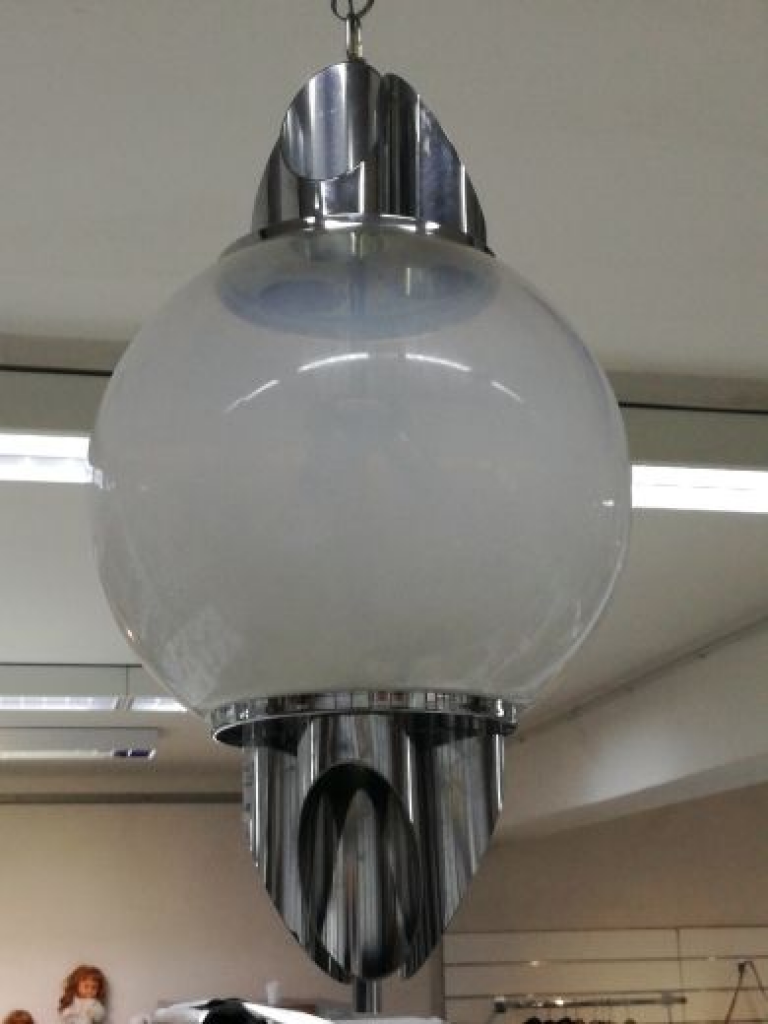 Mercatopoli Lampadario Anni 70 Acciaio Sfera Vetro B