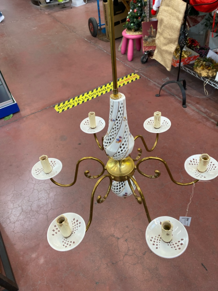 Mercatopoli Lampadario Vintage Ottone E Ceramica Anni '60 6 Luci
