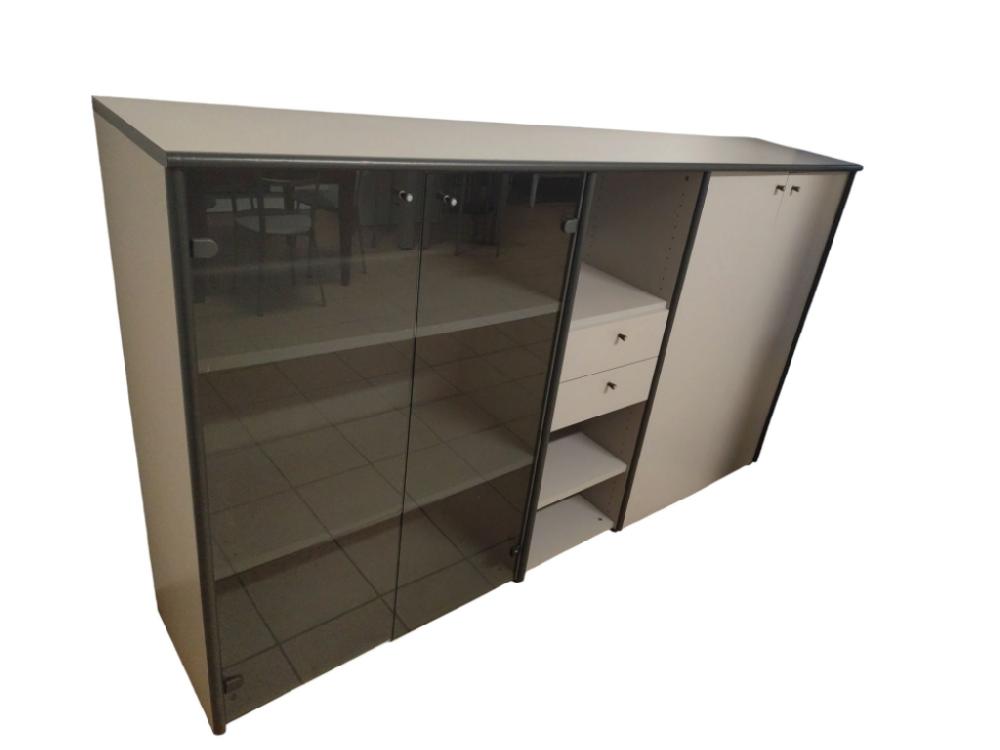 Mercatopoli Mobile Armadio Basso Da Ufficio L228 H133 P47 2 Ante Grigio 2 Ante Vetro E 2 Cassetti