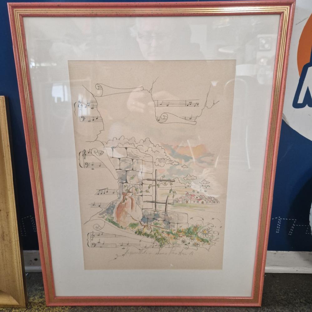 Mercatopoli QUADRO ACQUERELLO PAESAGGIO 33X45 VITO ARCIERI CORNICE SALMONE