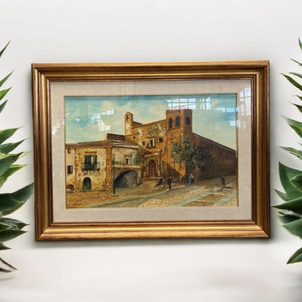 Mercatopoli QUADRO DIPINTO CHIESA DI SAMBUCA DI SICILIA CIACCIO FONDO GIALLO CORNICE LEGNO DORATO