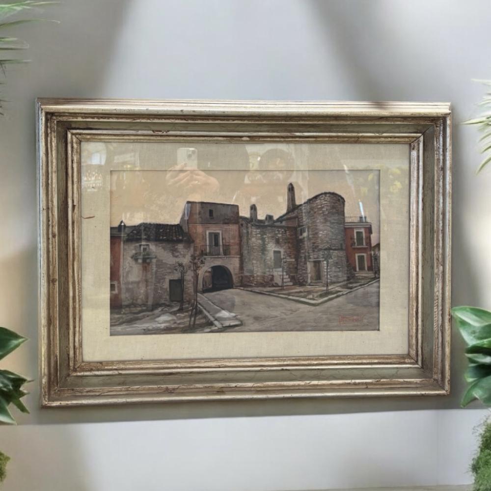 Mercatopoli QUADRO DIPINTO GIUSEPPE STRAMAGLIA L'ANTICA PORTA DI PAESE SAN GIOVANNI ROTONDO CORNICE LE GNO ARGENTATO