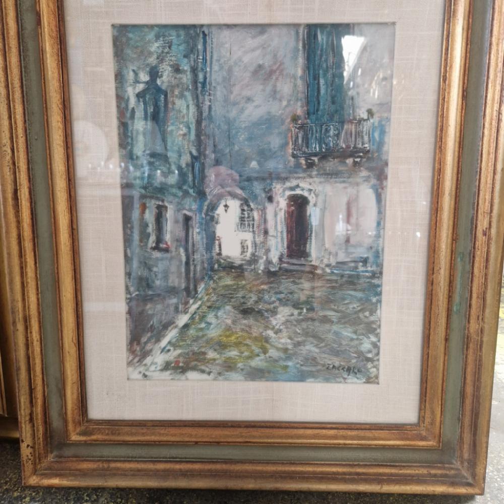 Mercatopoli QUADRO DIPINTO NICOLA ZACCARO OLIO SU TAVOLA BORGO ANTICO CORNICE LEGNO ARGENTATO