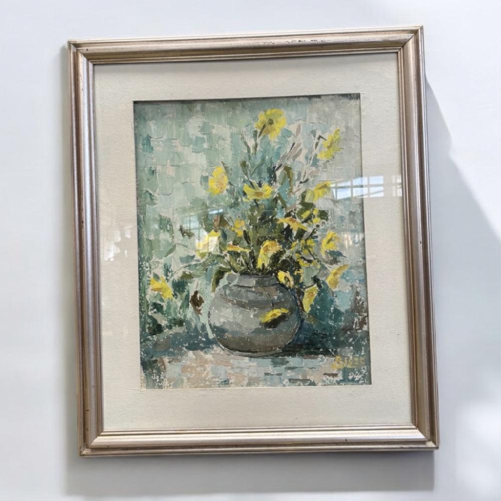 Mercatopoli QUADRO DIPINTO SU LEGNO VASO CON FIORI VERDE ACQUA E GIALLO CORNICE LEGNO ARGENTATO RIZZO