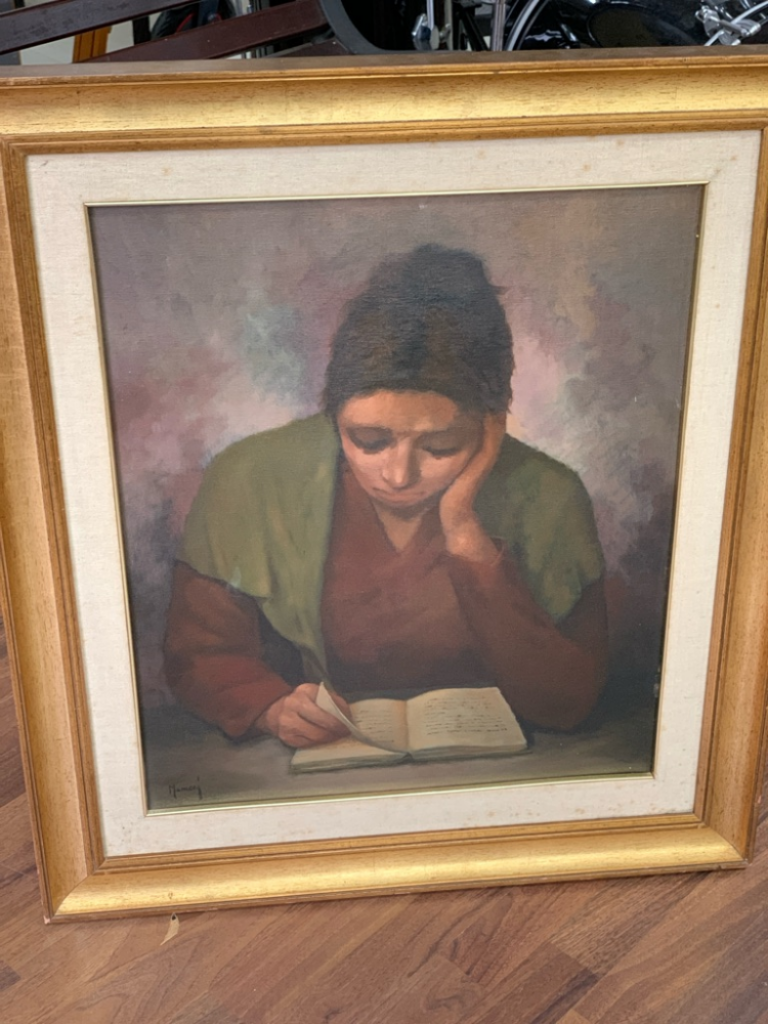 Mercatopoli QUADRO NINO MANCONI DONNA CHE LEGGE 70X80 TELA 50X60 CORNICE DORATA W