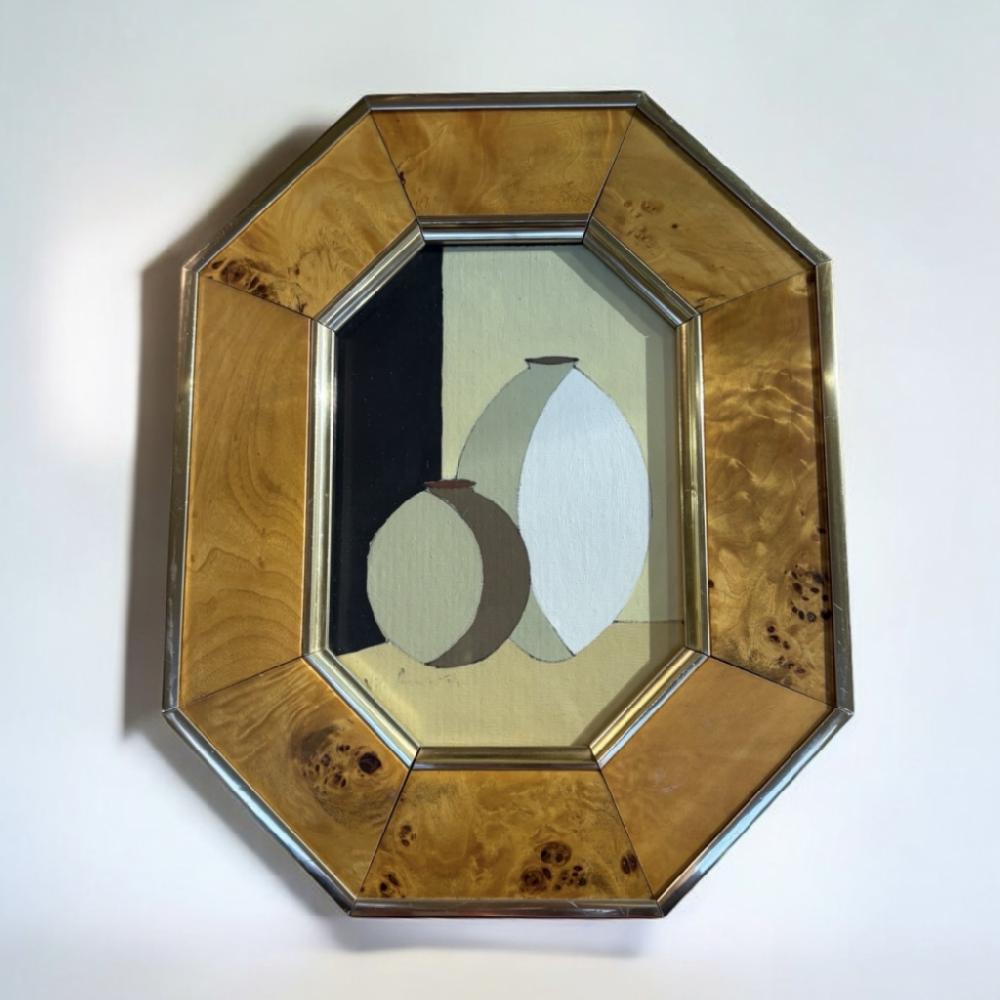 Mercatopoli QUADRO OLIO SU TELA 20 X13 VASI TONDI STILIZZATI VITO ARCIERI CORNICE IN RADICA