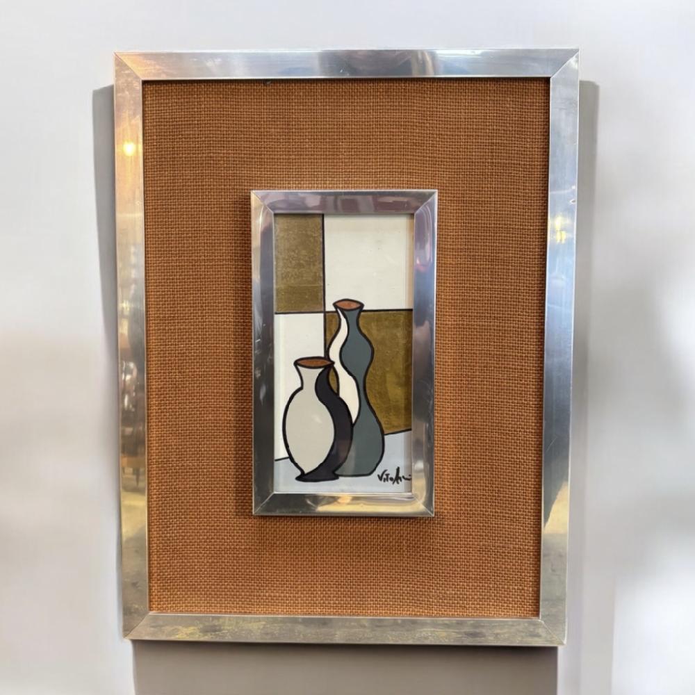 Mercatopoli QUADRO OLIO SU TELA 23X12 VASI STILIZZATI VITO ARCIERI CORNICE ARGENTATA