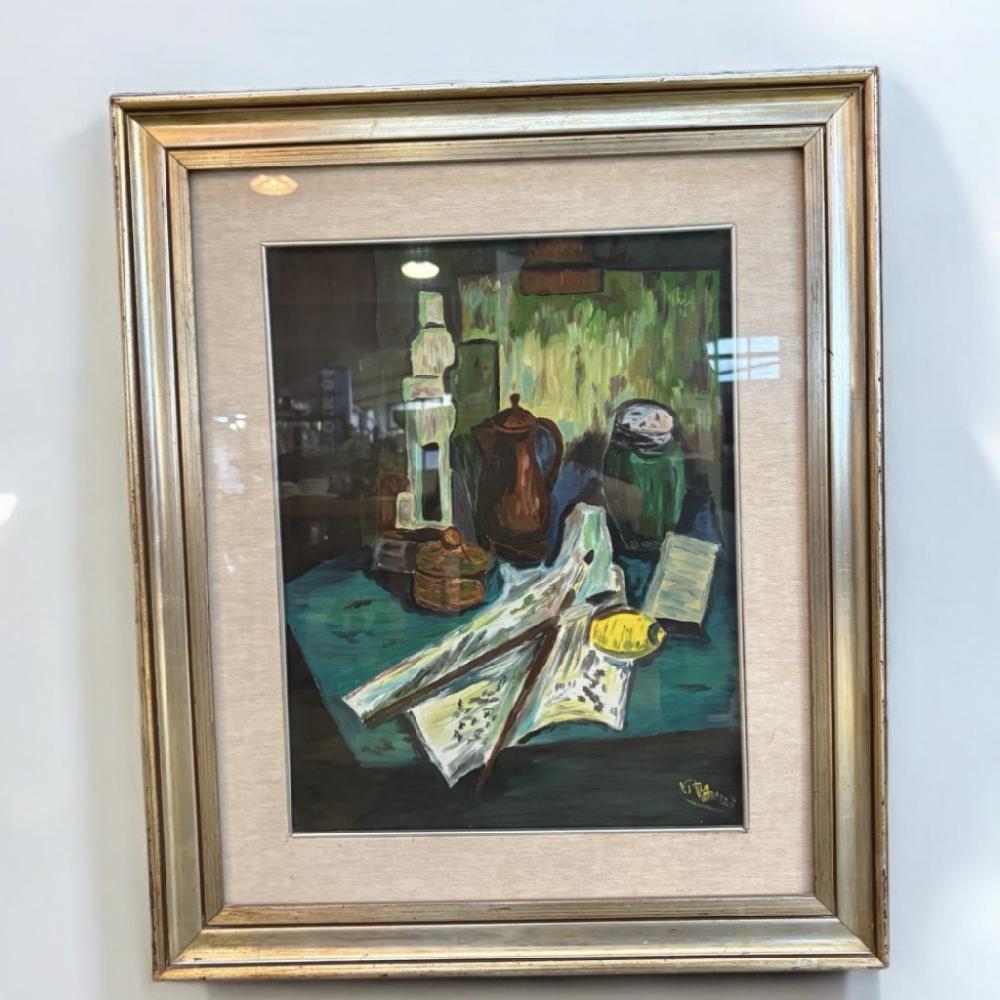 Mercatopoli QUADRO OLIO SU TELA 45X35 NATURA MORTA SFONDO VERDE VITO ARCIERI CORNICE ARGENTATA