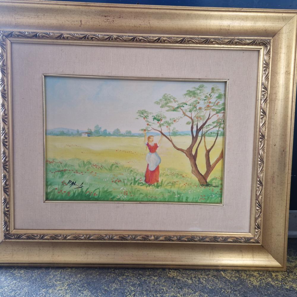 Mercatopoli QUADRO OLIO SU TELA DONNA ALBERO MELE CORNICE DORATA 35X25