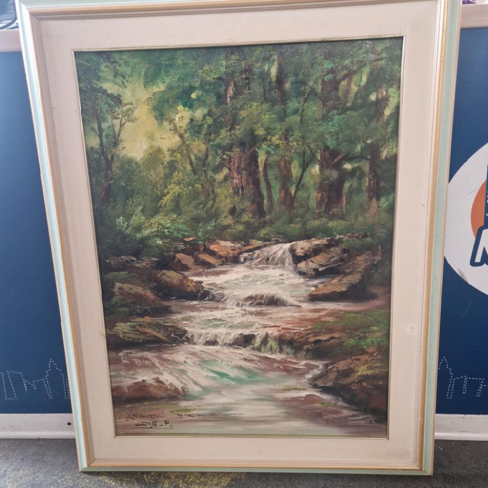 Mercatopoli QUADRO OLIO SU TELA PAESAGGIO CON TORRENTE CORNICE VERDE E DORATA 80X60